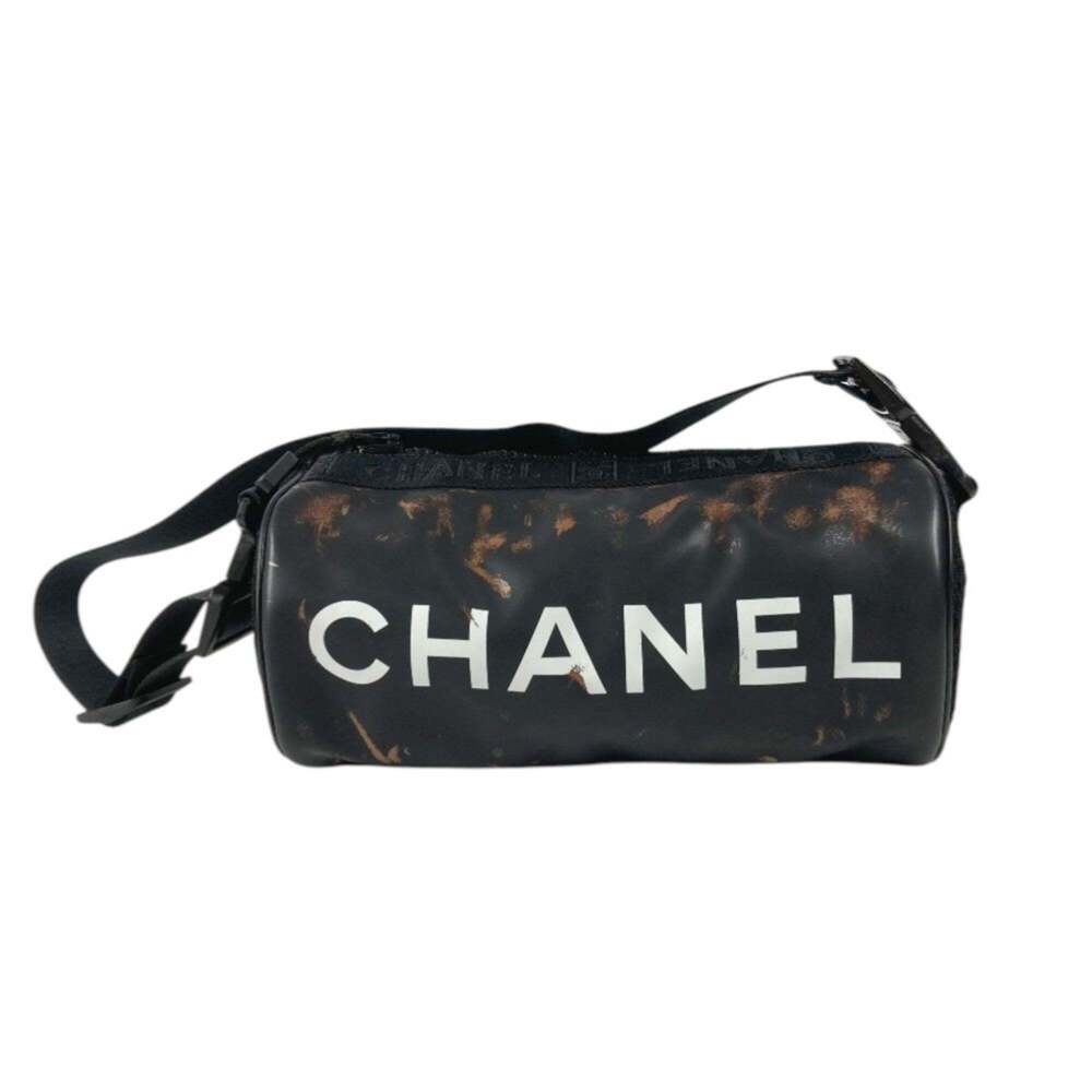 CHANEL Black Barrel Crossbody Bag with White Logo - Authentic